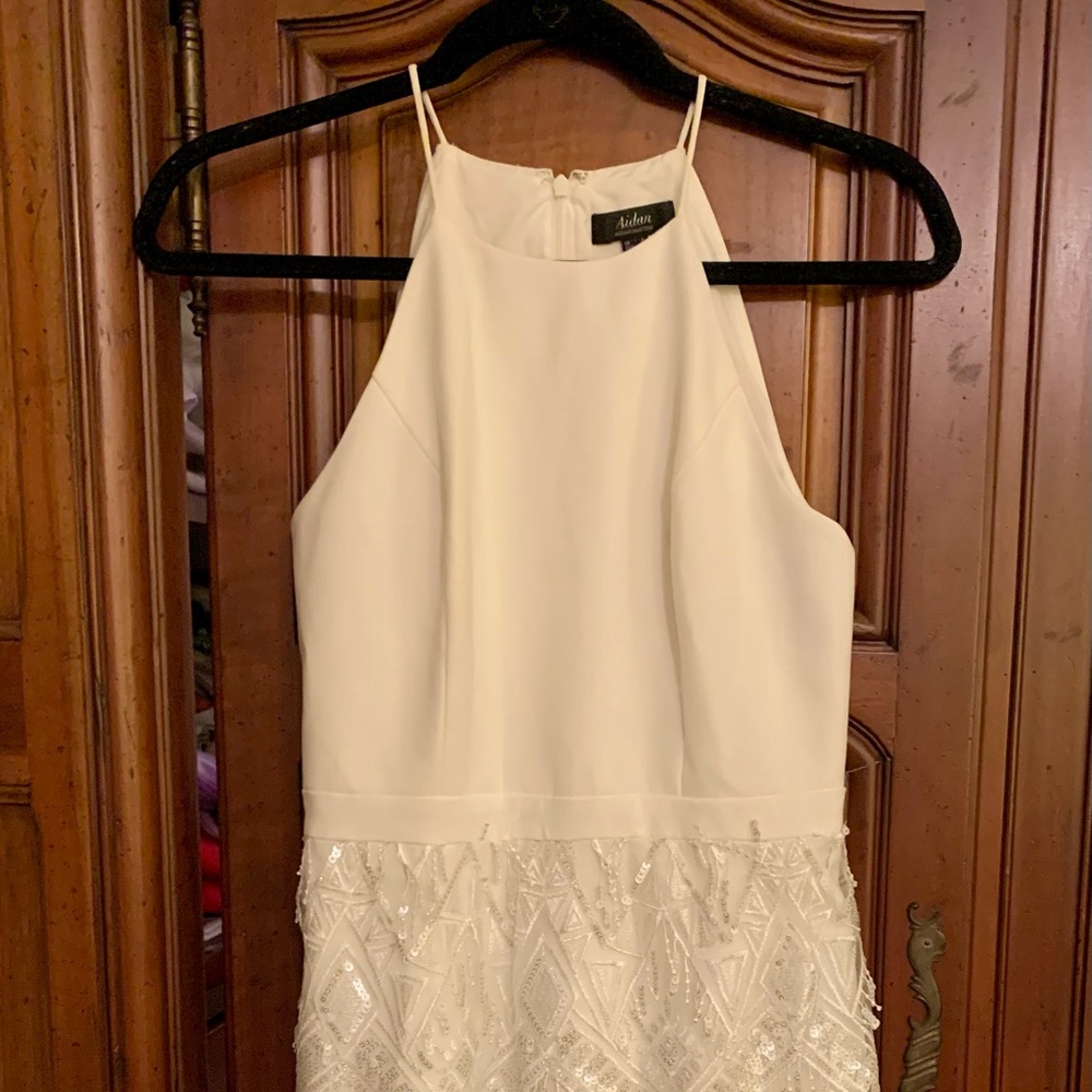 Pretty cocktail/rehearsal dinner/prom dress! Aiden Mattox White Halter dress